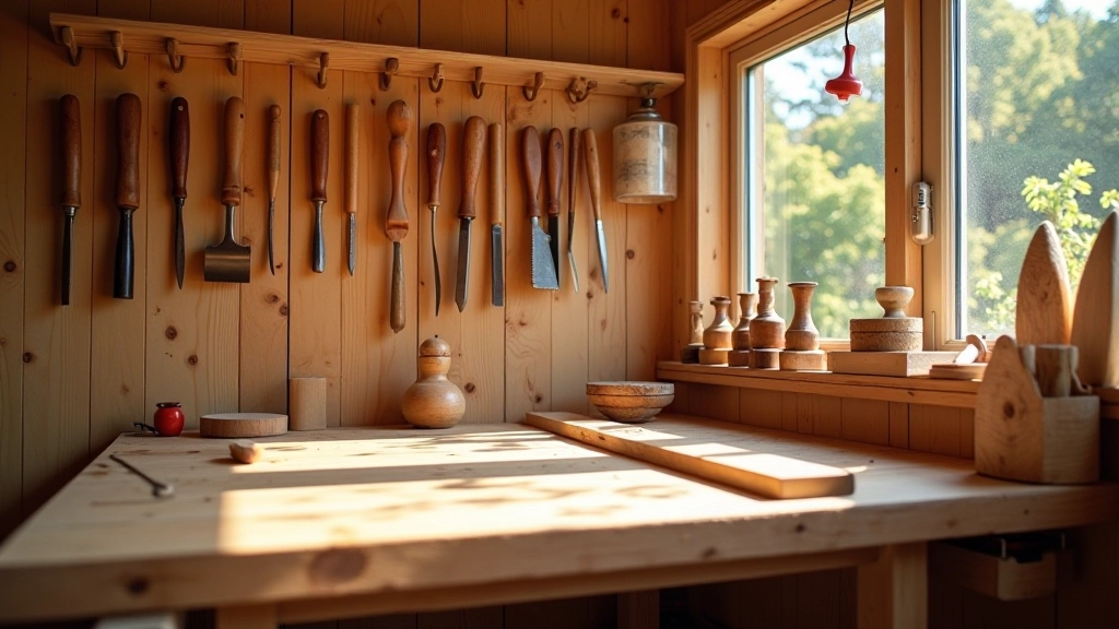 Beginner woodworking workshop with hand tools and wood samples