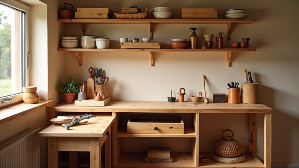 Compact home workshop corner with simple wooden workbench, shelving unit above, natural light from window, organized hand tools on wall, minimal clutter