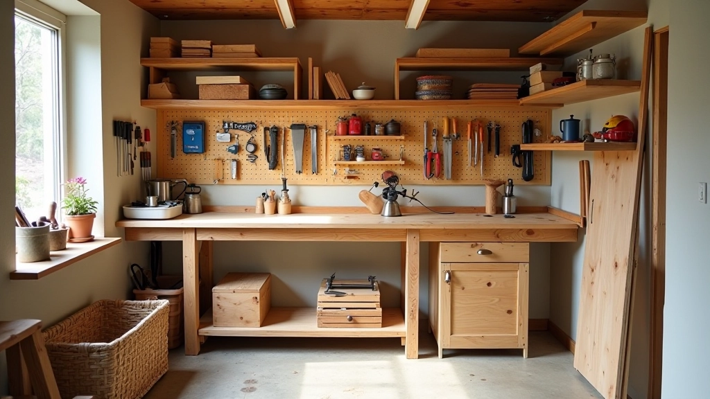 Small home workshop setup with essential woodworking tools and storage