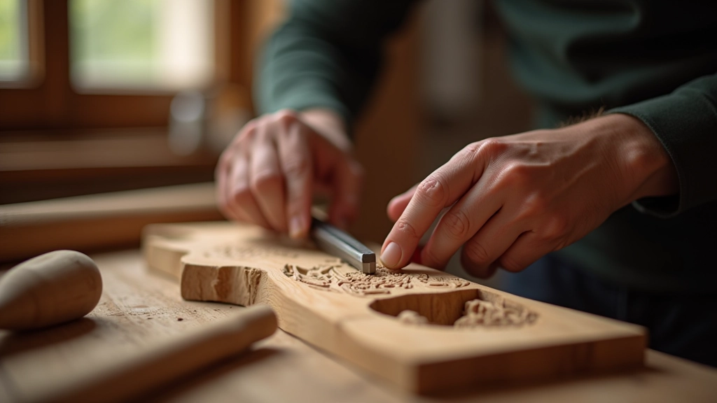 Close-up of hands working on wood with traditional carving chisels and gouges, showing proper grip and control technique