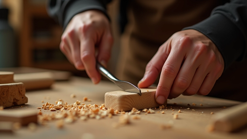 Hands working with wood chisel on carving project, showing proper technique and hand positioning