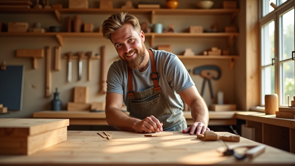 Small organized home workshop with wooden workbench, hand tools arranged on wall pegboard, and woodcarving projects in progress