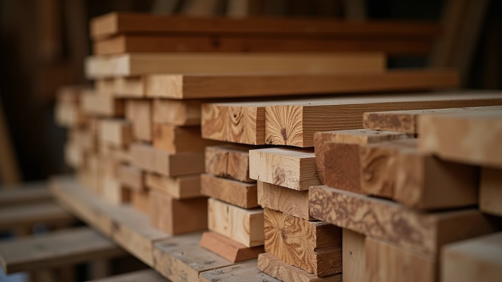 Properly stacked and stored timber boards with wooden spacers between them in a climate-controlled workshop environment