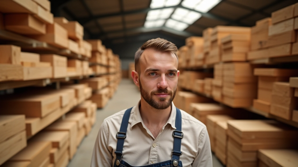 Inside a professional timber supplier's warehouse showing organized stacks of different wood types, organized by species and size, with natural lighting from skylights
