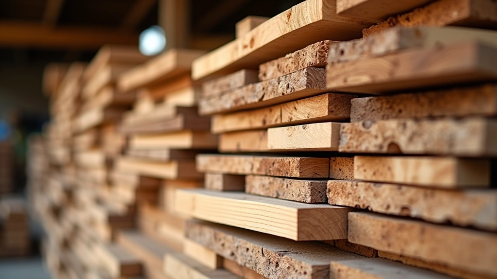 Stacked timber boards showing various wood species and grain patterns, organized for selection and storage