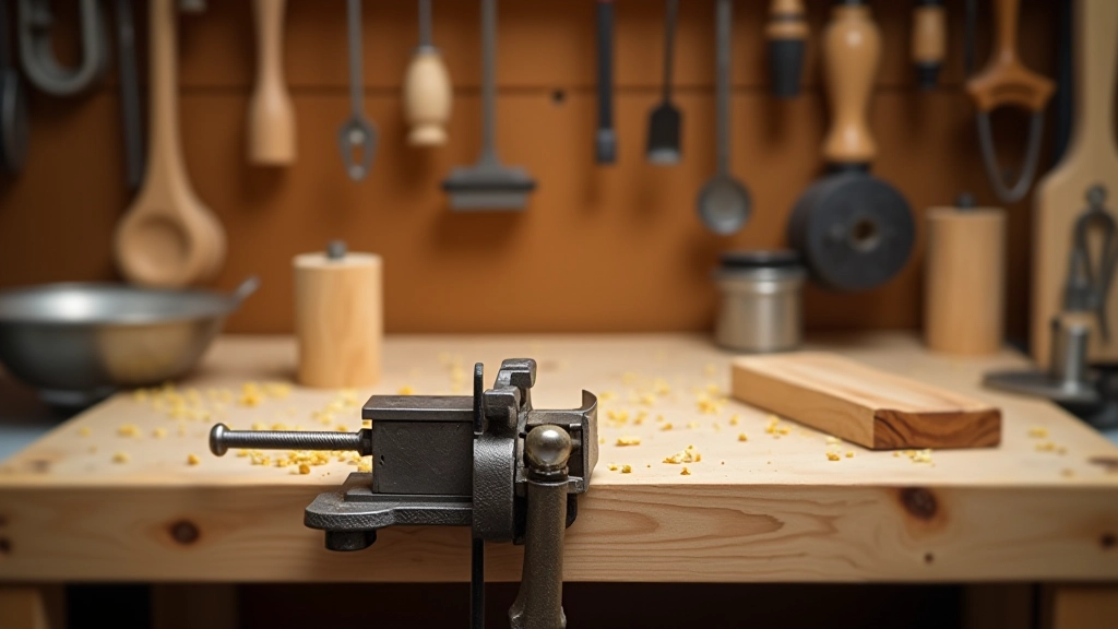 Heavy wooden workbench with vise attached, hand planes and chisels stored in wooden rack nearby, projects in progress on surface