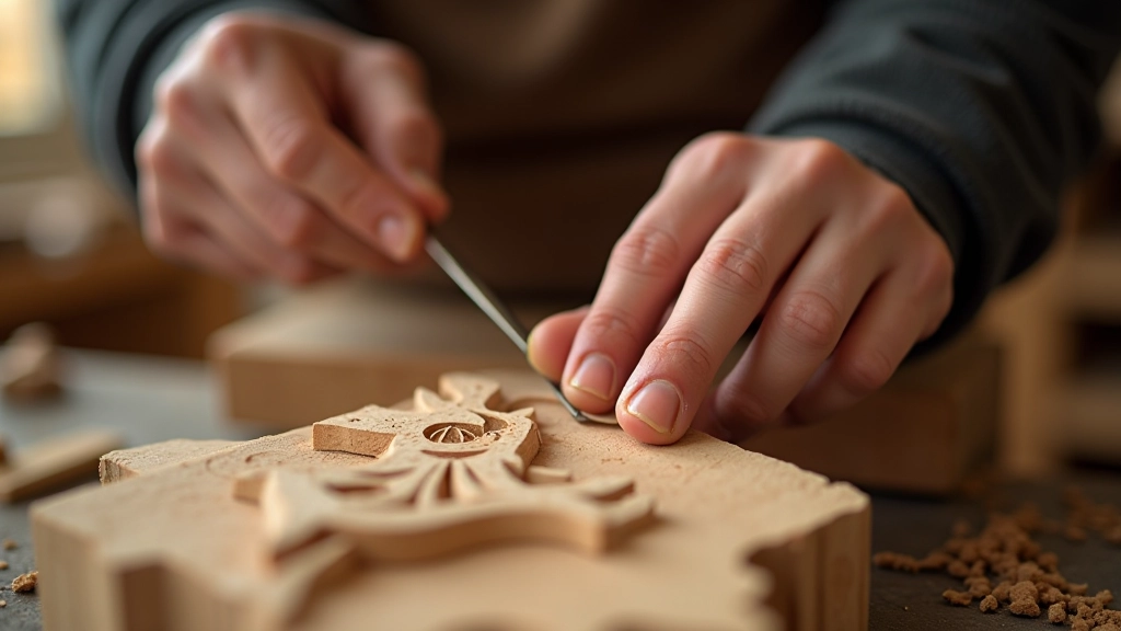 Detailed view of traditional Latvian wood carving technique in progress