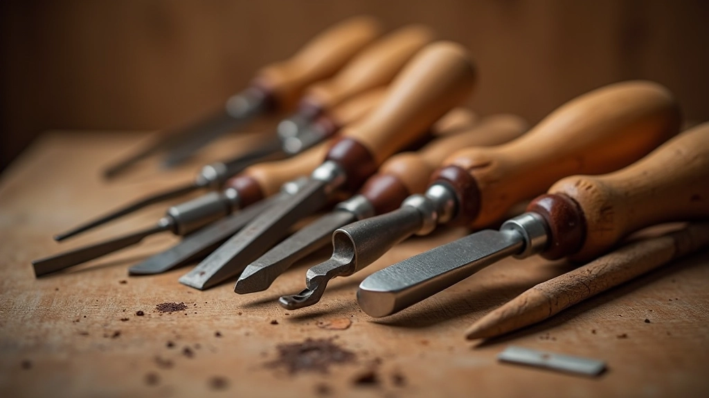 Array of traditional wood carving tools laid out showing different chisels, gouges, and V-tools used in Latvian carving