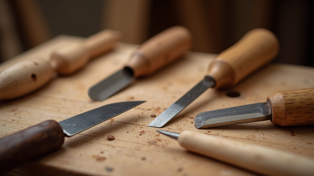 Collection of essential carving tools including straight blade knife, chip carving set, and sharpening stone arranged on wooden surface