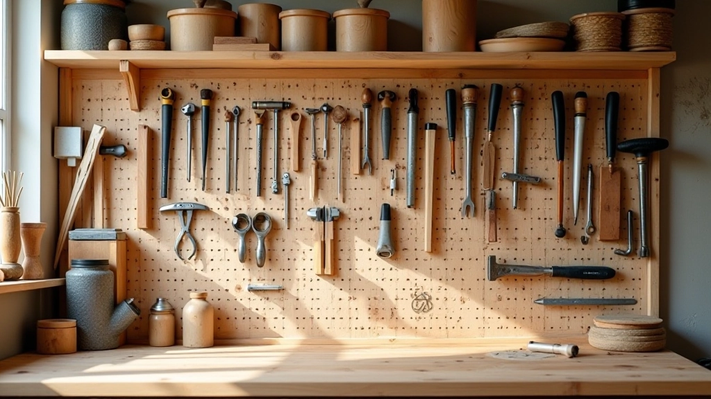 Workshop wall with pegboard storage, organized hand tools hanging, wooden shelves with stacked wood and supplies, clean organized system